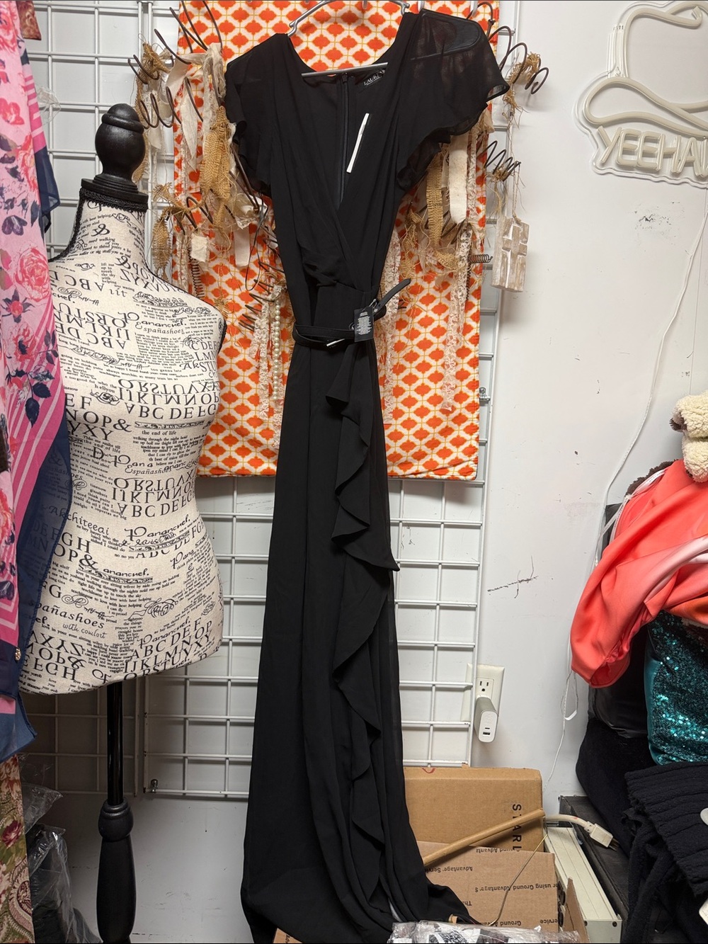 Lauren Ralph Lauren Black Ruffle Wrap Maxi Dress with Tie Waist